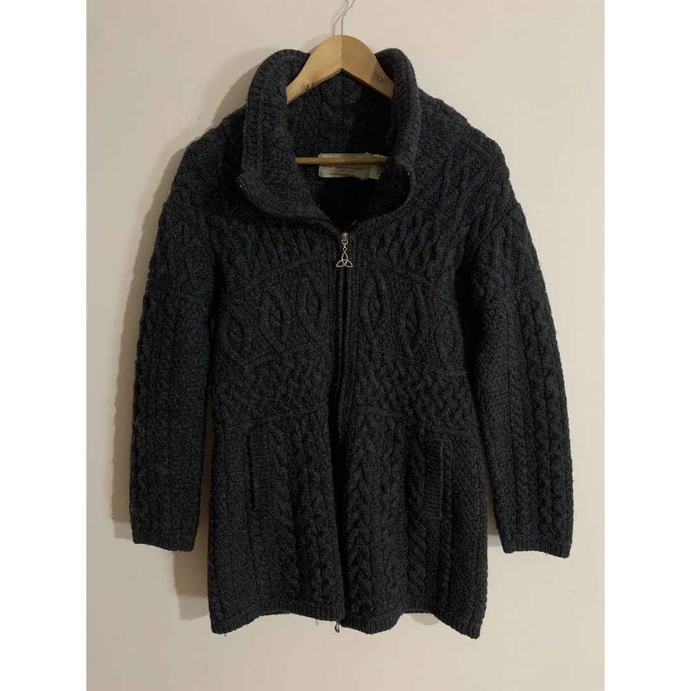 Aran Sweater Market Merino Wool Sweater Gray Cable Knit Chunky Full Zip Womens M